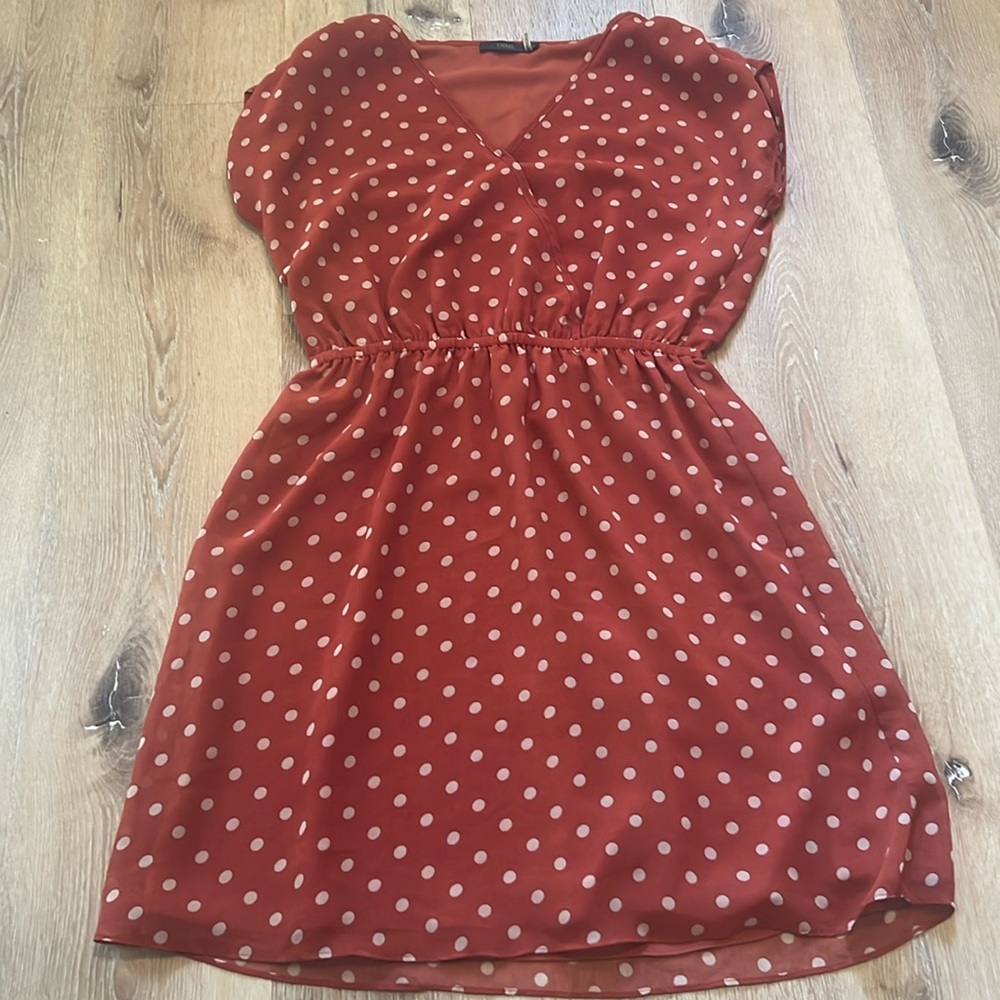 THML Sleeveless Dress, Burnt Orange With Cream Polka Dots, Size Medium Hand wash